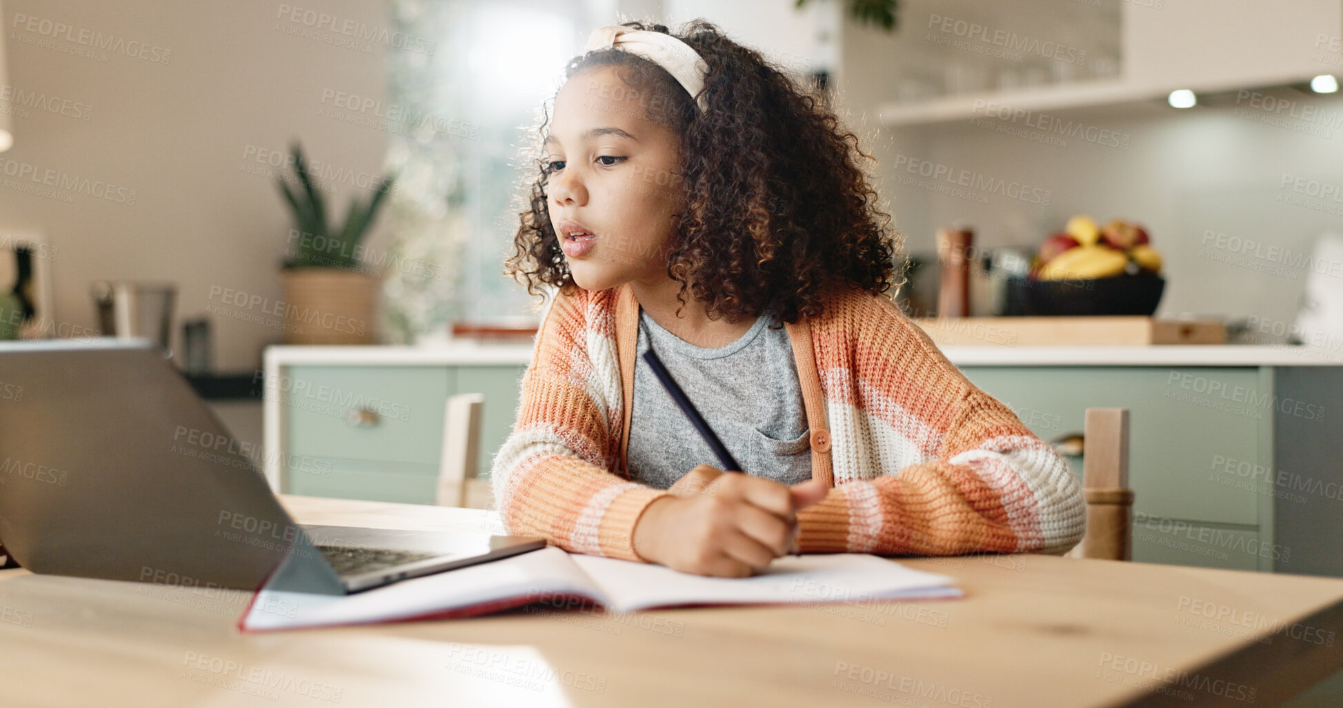 Buy stock photo Girl child, home and writing with laptop for online learning or education, digital application and literature for growth or development. Kid, internet and virtual class for homeschooling and website.