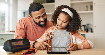 Girl, father and learning with tablet in home for online education or assessment, homeschool and virtual courses. Parent, child and house with technology for digital literacy, growth and development.