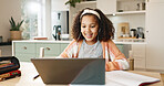 Girl child, education and online with laptop for e learning in home, digital application and literature for growth or development. Kid, internet and virtual class for homeschooling and website.
