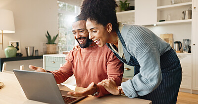 Buy stock photo Couple, man and woman with laptop on table for online research and reading blog, with support in home. Love, male and female person together with technology on desk for internet connection or bonding