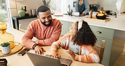 Buy stock photo Girl child, dad and laptop for learning or helping for online research, project and support for assignment of homeschooling. Father, kid and internet for growth development with digital assessment.