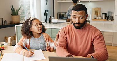 Homework, father and child with laptop with elearning, education and digital app for school. Learning, family and home with knowledge, care and youth development with studying for web test in house