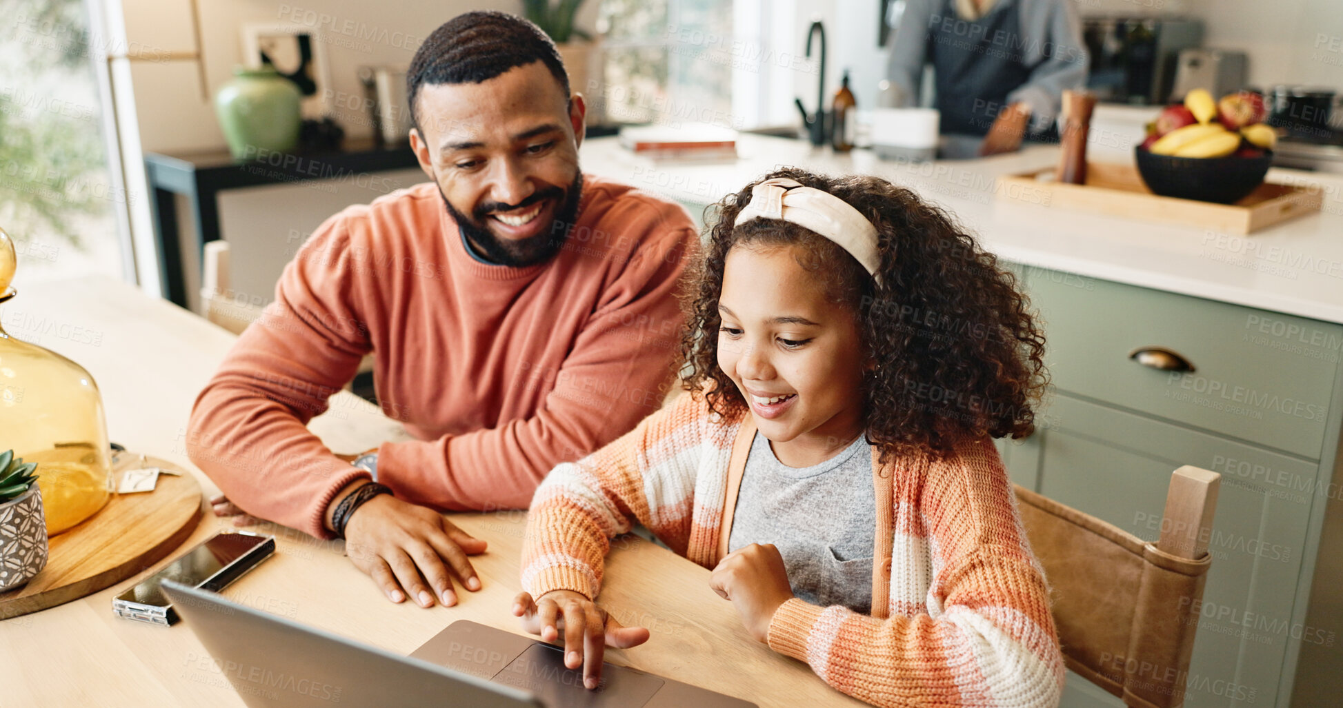 Buy stock photo Girl kid, dad and laptop for learning or helping for online research, project and support for assignment of homeschooling. Father, child and internet for growth development with digital assessment.