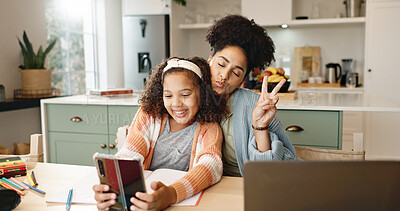 Buy stock photo Mother, girl and happy in home with selfie for childhood memory, connection and bonding with love or affection. Mom, kid and peace sign with photography for social media, profile picture and content.