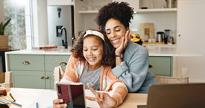 Buy stock photo Mom, girl and happy in home with selfie for childhood memory, connection and bonding with love or affection. Mother, kid and peace sign with photography for social media, profile picture and content.