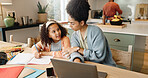 Child, laptop and question for education, learning and growth for future or knowledge. Mother, student and kitchen for help, studying and support or home school for development or coloring assessment