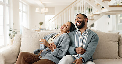 Buy stock photo Happy couple, laughing and sofa for funny joke or humor bonding in home, marriage or living room. Man, woman and relationship conversation or apartment relax with boyfriend or together, house or chat