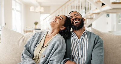 Happy couple, laughing and couch for funny joke or humor bonding in home, marriage or living room. Man, woman and relationship conversation or apartment relax with partner or together, house or chat