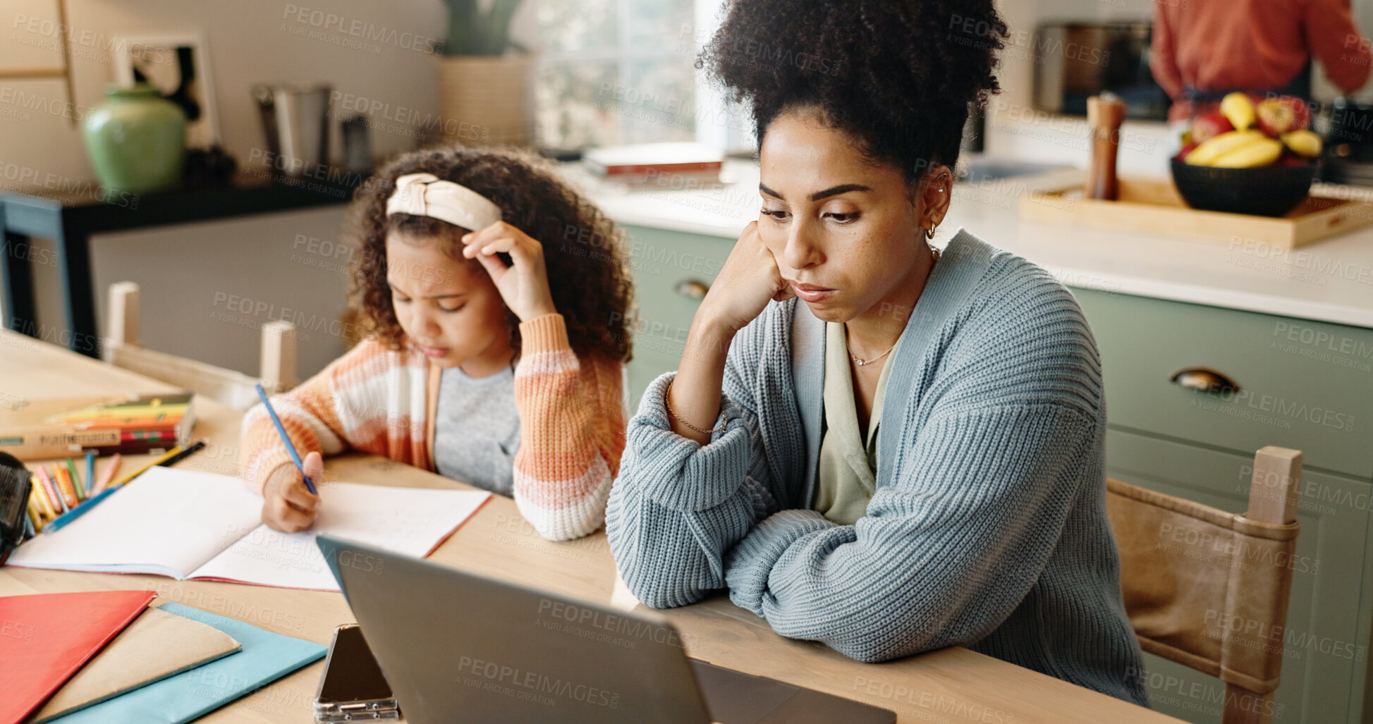 Buy stock photo Mother, laptop and child homework or tired as multitasking parent for remote work, education or burnout. Female person, daughter and project deadline in apartment for youth, stressed or exhausted