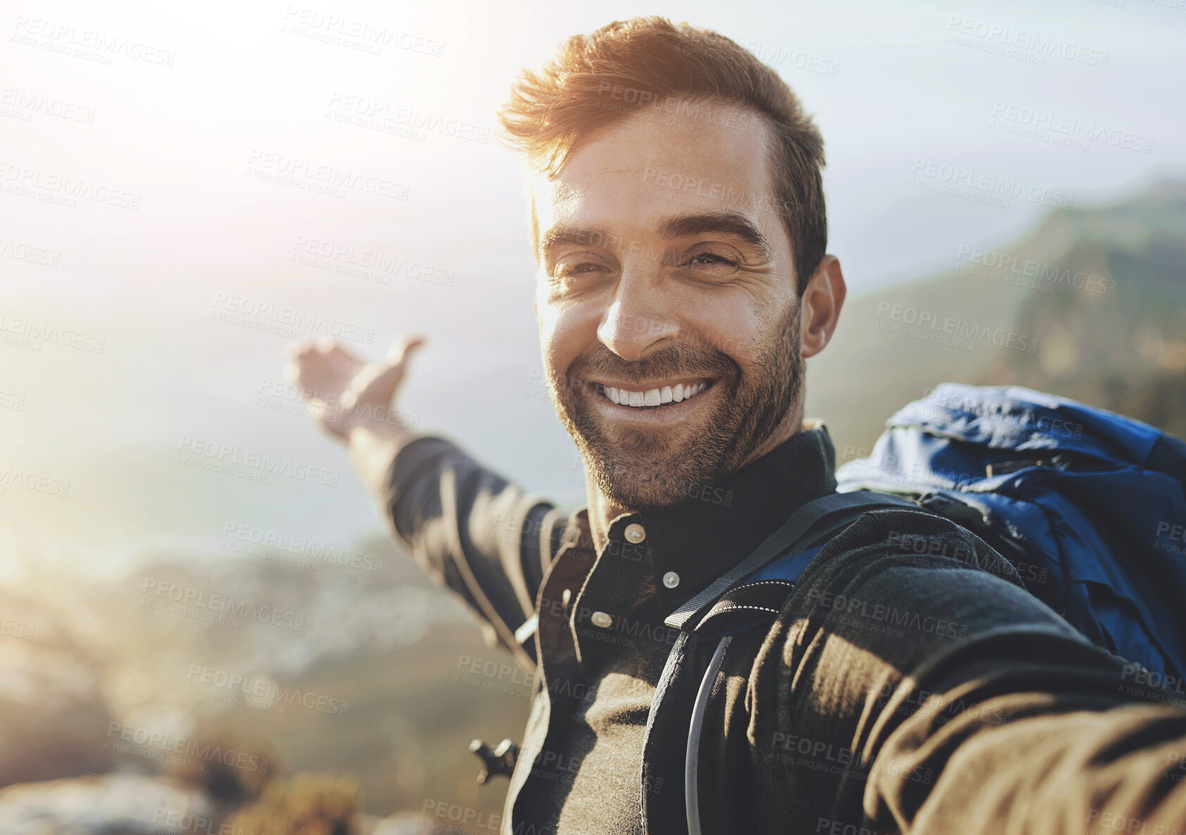 Buy stock photo Selfie, hiking and man showing nature for happy memory, travel blog and live streaming holiday adventure. Photography, smile and trekking picture in mountain at sunset for outdoor vacation in France.