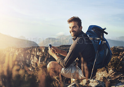 Buy stock photo Portrait, hiking and man on mountain with phone for geology career with digital nomad for travel. Nature, backpack and petrologist trekking with cellphone for environmental research in Australia.