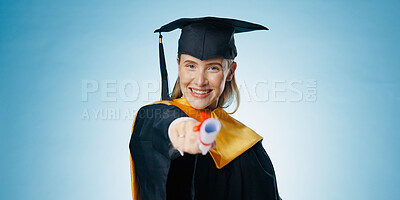 Buy stock photo Graduation, woman and portrait with you gesture, happy and smile from student achievement in studio. Recruitment, university student and about us with study scholarship, learning and pride from event