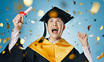 Graduation, success and woman in studio celebration for study achievement, news or education with confetti. Student with wow, surprise and excited for university or college diploma on blue background