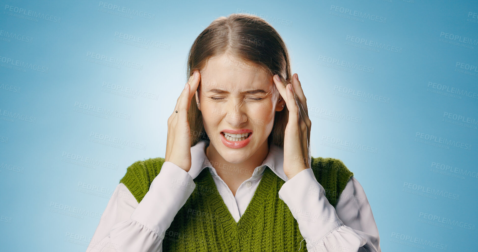 Buy stock photo Woman, student and headache from burnout, fatigue and exhaustion for mental health isolated in studio. Frustrated, female person and hand on head for pain from depression, anxiety and college stress