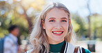 Woman, campus and student portrait with back to school and smile at university ready for learning, education and class. Study, academy and happy post graduate at college with backpack outdoor in park