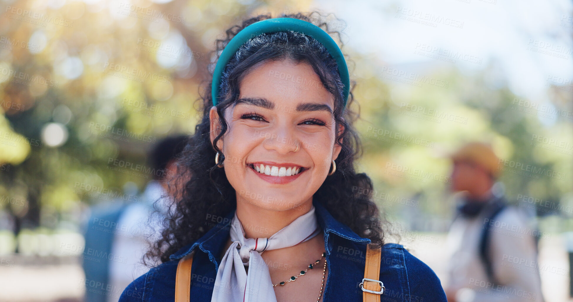 Buy stock photo Woman, campus and student portrait with phd and smile at university ready for learning, education and class. Study, academy and happy post graduate candidate at college with backpack outdoor in park