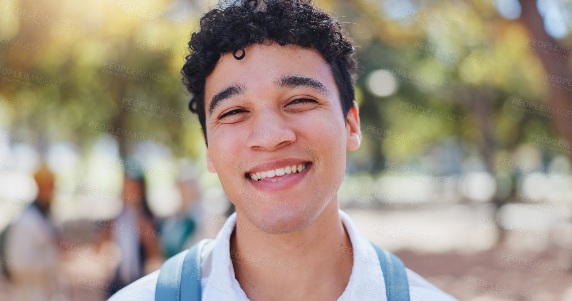 Buy stock photo Man, campus and portrait with international student and smile at university ready for learning, education and class. Study, academy and happy post graduate candidate at college with backpack in park