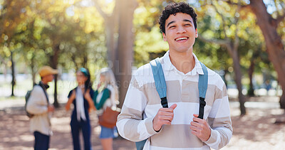 Buy stock photo Laugh, man and park portrait on college campus in New York with backpack and study break. Happy, smile and education of a post graduate student with confidence and commute outdoor at university