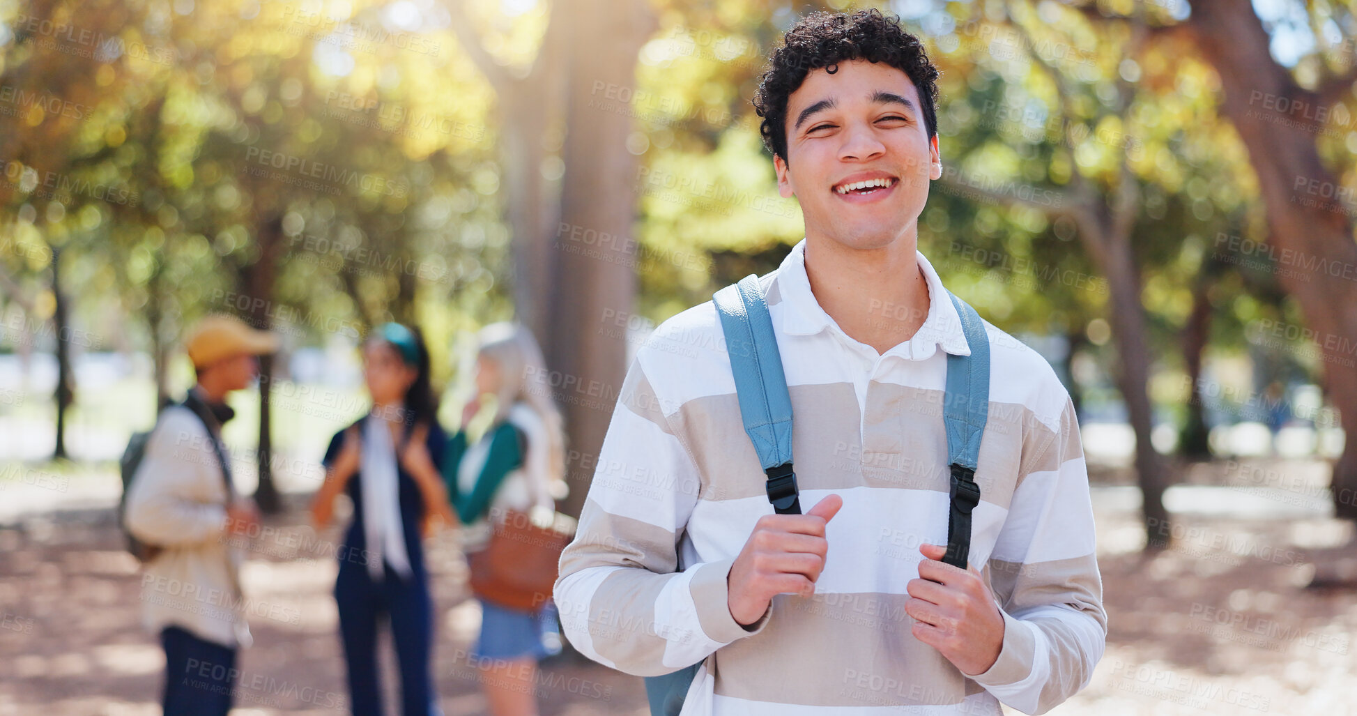 Buy stock photo Laugh, man and park portrait on college campus in New York with backpack and study break. Happy, smile and education of a post graduate student with confidence and commute outdoor at university