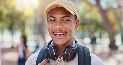 Buy stock photo Man, campus and student portrait with phd and smile at university ready for learning, education and class. Study, academy and happy post graduate candidate at college with backpack outdoor in park