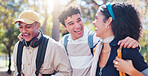 Students, laughing and friends in university park with conversation and study talk outdoor. Happy, learning and young people with backpack, morning and urban commute to class, college and school