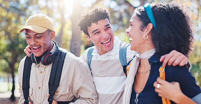 Buy stock photo Students, laughing and friends in university park with conversation and study talk outdoor. Happy, learning and young people with backpack, morning and urban commute to class, college and school