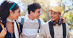 Students, campus and friends chat in university park with conversation and study talk outdoor. Happy, learning and young people with backpack, morning and urban commute to class, college and school