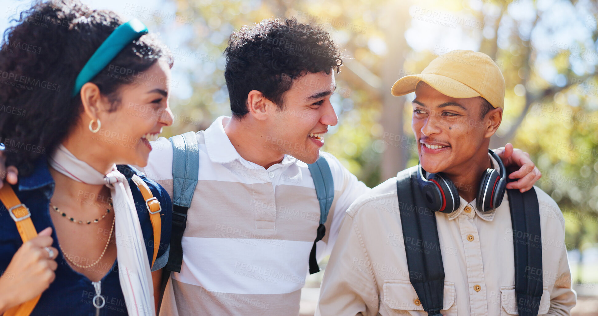 Buy stock photo Students, campus and friends chat in university park with conversation and study talk outdoor. Happy, learning and young people with backpack, morning and urban commute to class, college and school