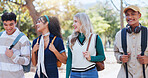 Students, campus and friends group in university park with conversation and study talk outdoor. Happy, learning and young people with backpack, morning and urban commute to class, college and school