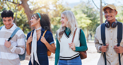 Buy stock photo Students, campus and friends group in university park with conversation and study talk outdoor. Happy, learning and young people with backpack, morning and urban commute to class, college and school