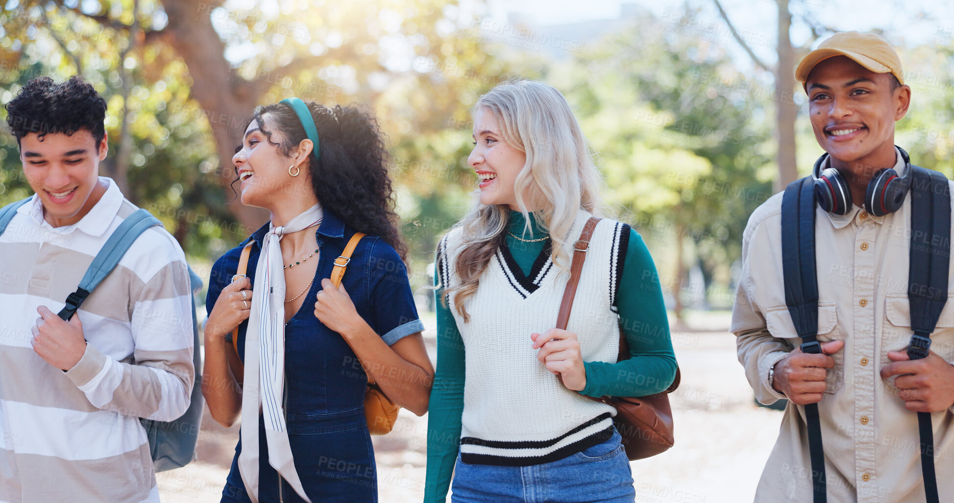 Buy stock photo Students, campus and friends group in university park with conversation and study talk outdoor. Happy, learning and young people with backpack, morning and urban commute to class, college and school