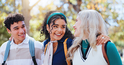 Buy stock photo Students, campus and happy friends in university park with conversation and study talk outdoor. Education, learning and young people with backpack, morning and commute to class, college and school