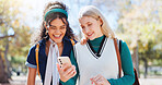 Education, friends and phone with students laughing on campus together for app, internet or social media. College, school or university with women outdoor in summer for break from learning or study