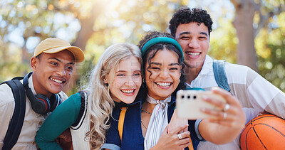 Buy stock photo Happy friends, diversity and nature with selfie for memory, photography or review at outdoor park. Young group of people or students with smile for picture or fun moment together at college or campus