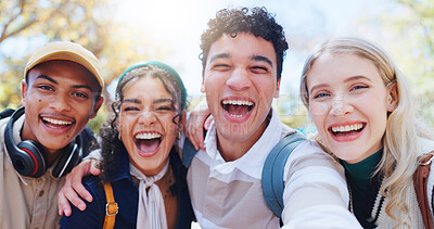 Buy stock photo Happy students, portrait and nature with selfie for memory, photography or capture at outdoor park. Young group of people or friends with smile for picture or fun moment together at college or campus