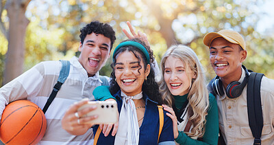 Buy stock photo Happy group, students and nature with selfie for memory, photography or capture at outdoor park. Young people or friends with smile for peace sign, picture or fun moment together at college or campus