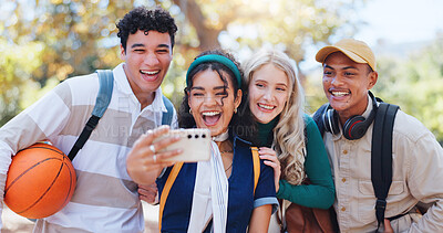 Buy stock photo Happy students, diversity and nature with selfie for memory, photography or review at outdoor park. Young group of people or friends with smile for picture or fun moment together at college or campus