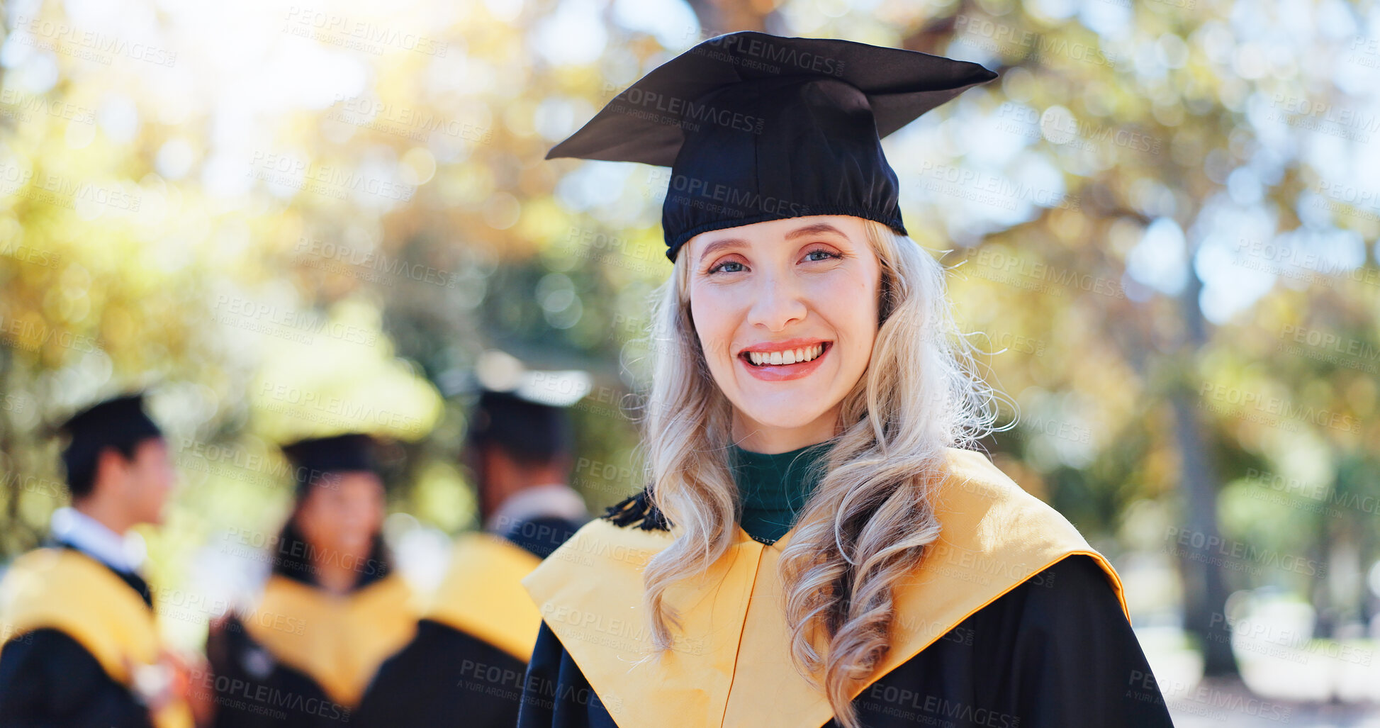 Buy stock photo Happy girl, portrait and graduation with hat in nature for outdoor ceremony, scholarship or qualification. Female person, student or graduate with smile for education, higher certificate or milestone