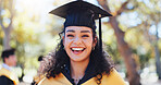 Excited girl, portrait and graduation with hat in nature for outdoor ceremony, scholarship or qualification. Happy female person, student or graduate with smile for education or higher certificate