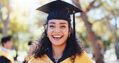 Buy stock photo Excited girl, portrait and graduation with hat in nature for outdoor ceremony, scholarship or qualification. Happy female person, student or graduate with smile for education or higher certificate