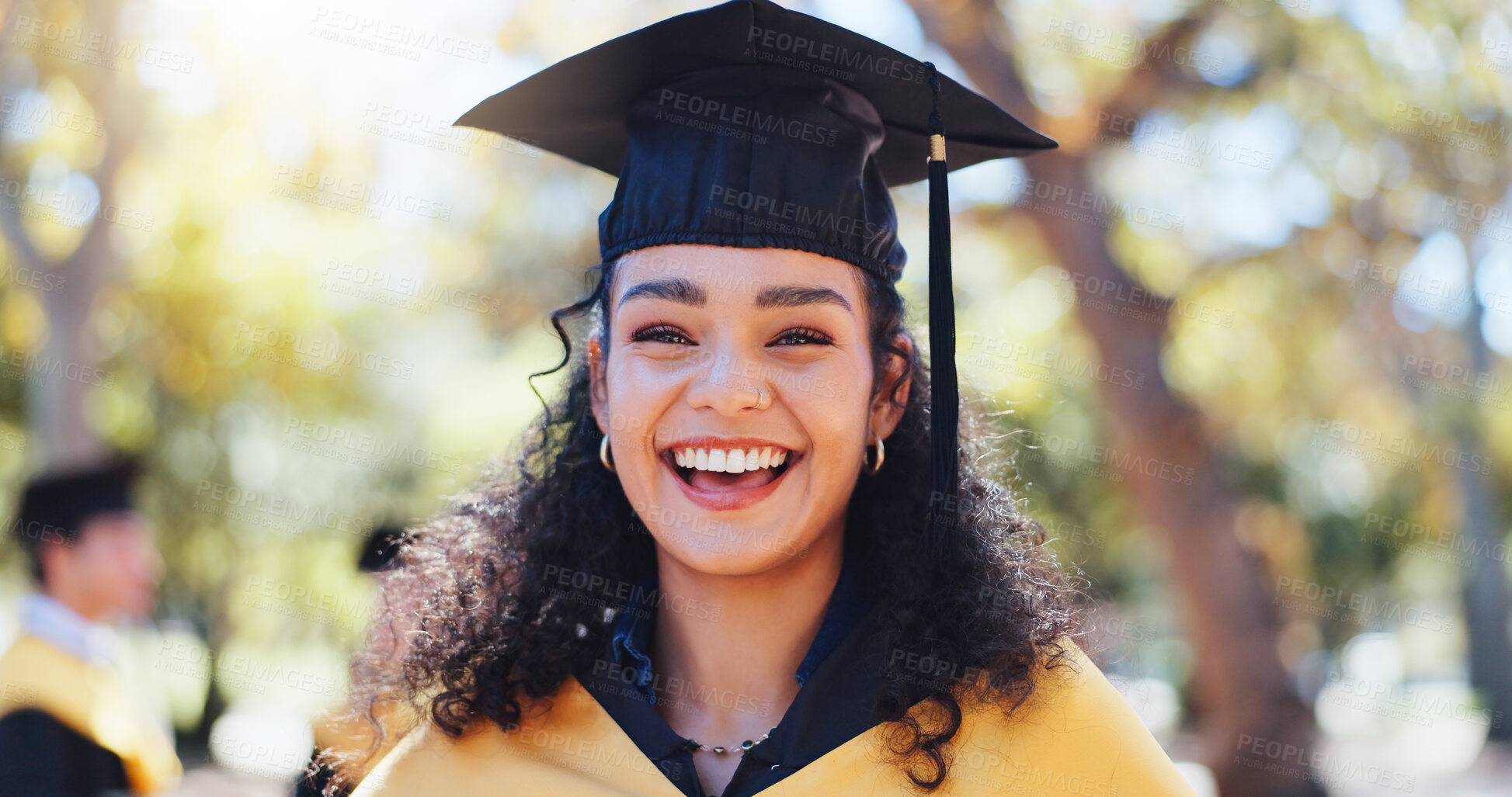 Buy stock photo Excited girl, portrait and graduation with hat in nature for outdoor ceremony, scholarship or qualification. Happy female person, student or graduate with smile for education or higher certificate