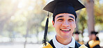 Happy man, portrait and graduation with hat in nature for outdoor ceremony, scholarship or qualification. Young male person, student or graduate with smile for education, higher certificate or banner