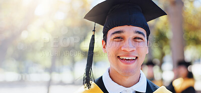 Buy stock photo Happy man, portrait and graduation with hat in nature for outdoor ceremony, scholarship or qualification. Young male person, student or graduate with smile for education, higher certificate or banner