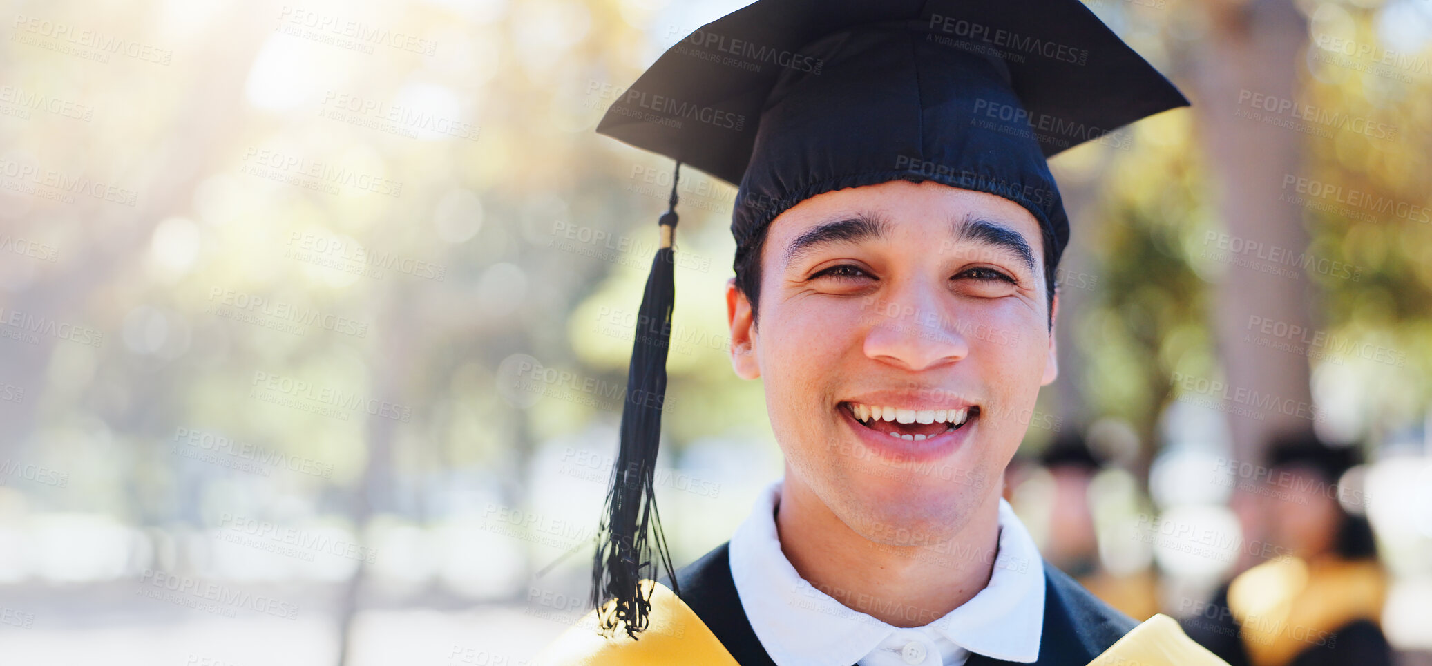 Buy stock photo Happy man, portrait and graduation with hat in nature for outdoor ceremony, scholarship or qualification. Young male person, student or graduate with smile for education, higher certificate or banner