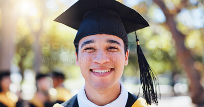 Buy stock photo Excited man, portrait and graduation with hat in nature for outdoor ceremony, scholarship or qualification. Happy male person, student or young graduate with smile for education or higher certificate