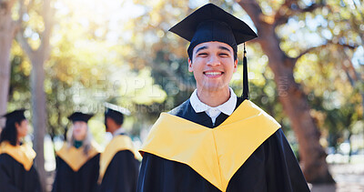 Buy stock photo Happy man, portrait and student with graduation hat in nature for outdoor ceremony, scholarship or qualification. Male person or young graduate with smile for education, higher certificate or degree