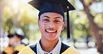 Happy man, portrait and graduate with hat in nature for outdoor ceremony, scholarship or qualification. Male person, young student and smile for education, higher certificate or degree at graduation