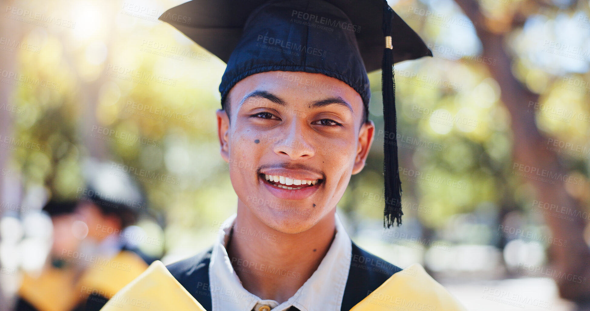 Buy stock photo Happy man, portrait and graduate with hat in nature for outdoor ceremony, scholarship or qualification. Male person, young student and smile for education, higher certificate or degree at graduation