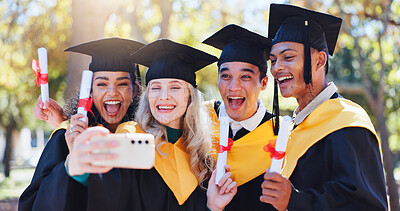 Buy stock photo Happy students, graduation and celebration with selfie for memory, certficate or diploma in nature. Group of young and excited graduates with smile in photography, picture or moment for qualification