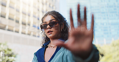 Buy stock photo Girl, sunglasses and portrait with hand frame in city for trendy style, designer brand or streetwear. Luxury fashion, aesthetic and person for confidence, eyewear or cool accessories in urban town